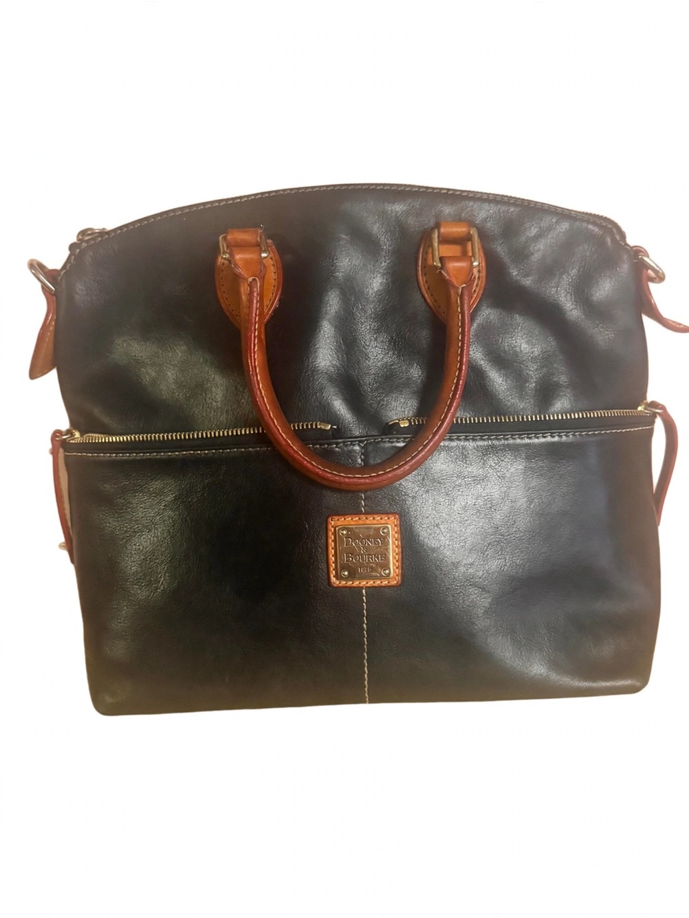 Dooney & Bourke Black Tan Wexford Leather Pocket Satchel bag .